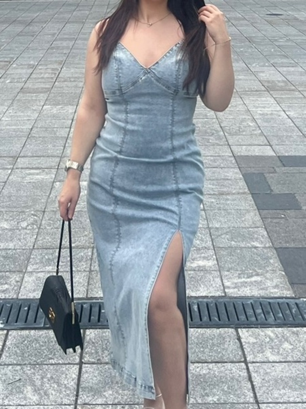 Sleeveless Light Wash Denim Maxi Dress with Front Slit